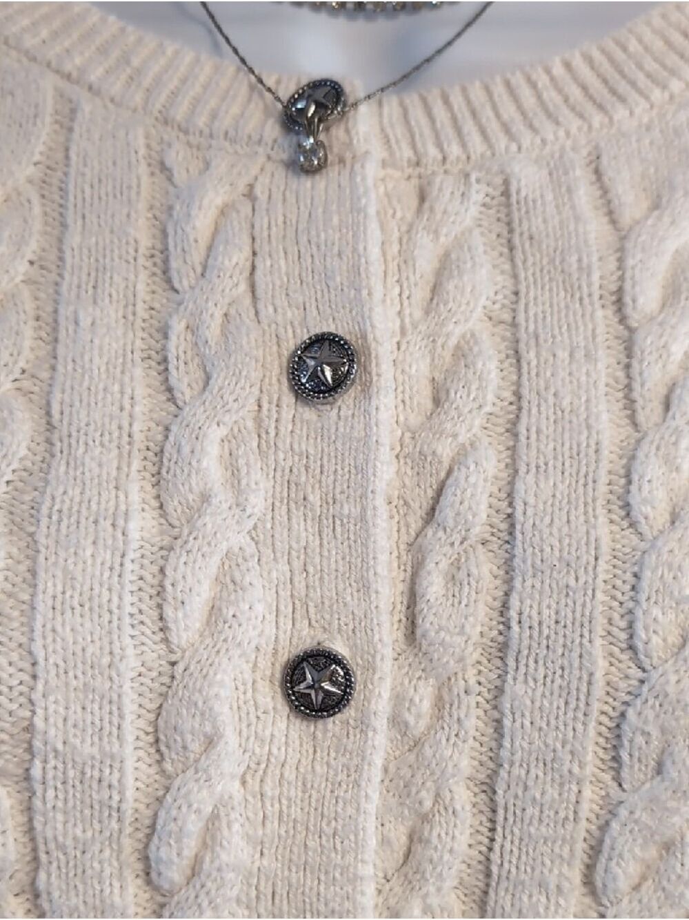 Classic Cream Cable-Knit Short Sleeve Cardigan With Star Buttons
